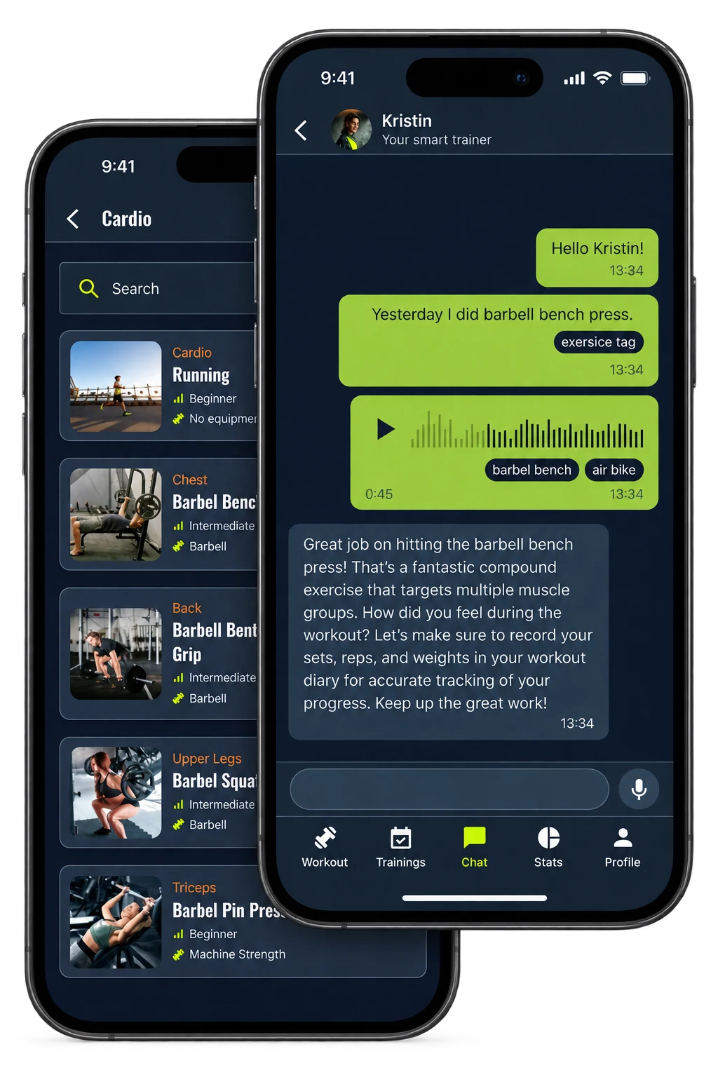 Smart Workout Diary exercise library and chat screens